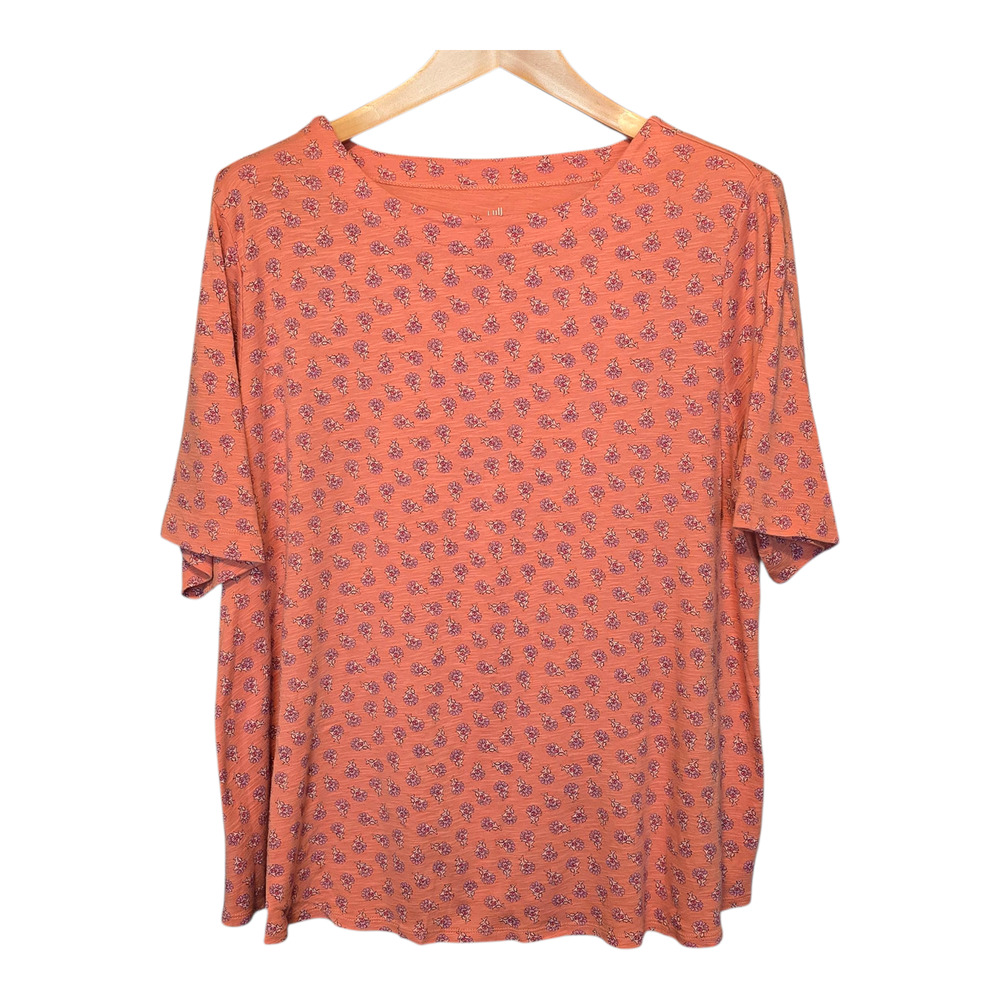 J Jill Tee Womens Plus Size 2X Orange Floral Print 100% Pima Slub Elbow Length